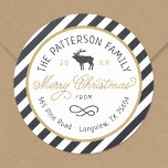 Christmas Reindeer Circle Return Address Label<br><div class="desc">Affordable custom printed round return address stickers personalized with your family name, the year and your return address. This fun design features a striped background, reindeer graphic and modern rustic typography in gold, white and charcoal grey colours. The text reads "Merry Christmas" in a trendy script font. Use the design...</div>