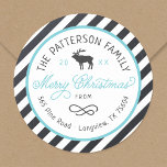 Christmas Reindeer Circle Return Address Label<br><div class="desc">Affordable custom printed round return address stickers personalized with your family name, the year and your return address. This fun design features a striped background, reindeer graphic and modern rustic typography in aqua, white and charcoal grey colours. The text reads "Merry Christmas" in a trendy script font. Use the design...</div>
