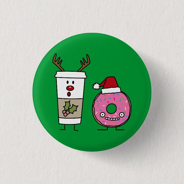 Christmas Reindeer Coffee and Santa Doughnut 1 Inch Round Button (Front)