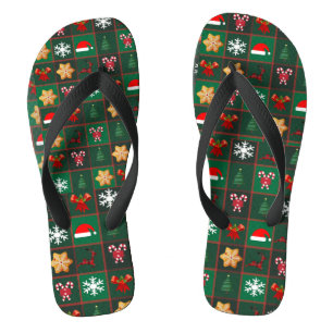 christmas reindeer,cookie, green buffalo plaid   flip flops