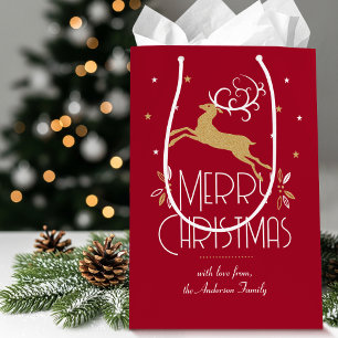 Christmas Reindeer Custom Name Deep Red Gold Medium Gift Bag