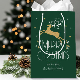 Christmas Reindeer Custom Name Green Gold Medium Gift Bag