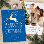 Christmas Reindeer Custom Photo Blue Gold Editable Foil Holiday Card<br><div class="desc">Elegant gold foil Christmas cards with an Art Deco style and your own personalized photo on the back. This editable template features a leaping reindeer with festive leaves, berries and stars. A stylish colour palette of blue, white and real foil elements in gold, silver or rose gold. The text can...</div>