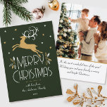 Christmas Reindeer Custom Photo Dark Green Gold Card<br><div class="desc">A festive Art Deco style Christmas card, with editable text and your own custom photo on the back. This stylish template features a leaping reindeer, with decorative leaves and stars. The text can be personalized with a name, date and a personal greeting. Colours: very dark green, white and a gold...</div>