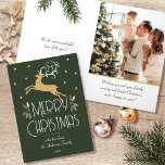Christmas Reindeer & Custom Photo Dark Green Gold Holiday Card<br><div class="desc">A festive Art Deco style Christmas card, with editable text and your own custom photo inside. This stylish template features a leaping reindeer, adorned with decorative leaves and stars. The text can be personalized with a name, date and a personal greeting. Colours: very dark green, white and a gold coloured...</div>