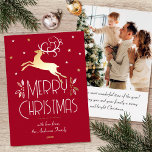 Christmas Reindeer Custom Photo Deep Red Gold Foil Holiday Card<br><div class="desc">Luxury gold foil Christmas cards with an Art Deco style and your own personalized photo on the back. This elegant template features a leaping reindeer with festive leaves, berries and stars. A stylish colour palette of deep red, white and real foil elements in gold, silver or rose gold. The text...</div>