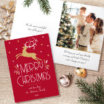 Christmas Reindeer & Custom Photo Deep Red Gold Holiday Card<br><div class="desc">A festive Art Deco style Christmas card, with editable text and your own custom photo inside. This stylish template features a leaping reindeer, adorned with decorative leaves and stars. The text can be personalized with a name, date and a personal greeting. Colours: deep red, white and a gold coloured texture....</div>