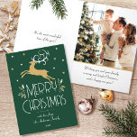 Christmas Reindeer & Custom Photo Green Gold Holiday Card<br><div class="desc">A festive Art Deco style Christmas card, with editable text and your own custom photo inside. This stylish template features a leaping reindeer, adorned with decorative leaves and stars. The text can be personalized with a name, date and a personal greeting. Colours: dark forest green, white and a gold coloured...</div>