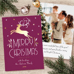 Christmas Reindeer Custom Photo Plum Gold Editable Foil Holiday Card<br><div class="desc">Elegant gold foil Christmas cards with an Art Deco style and your own personalized photo on the back. This editable template features a leaping reindeer with festive leaves, berries and stars. A stylish colour palette of purple-pink plum, white and real foil elements in gold, silver or rose gold. The text...</div>