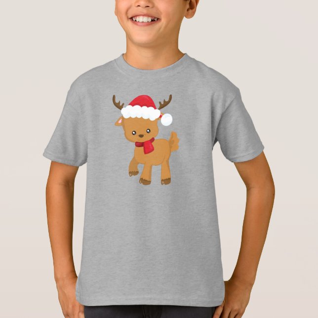 Christmas Reindeer, Cute Reindeer, Santa Hat T-Shirt (Front)