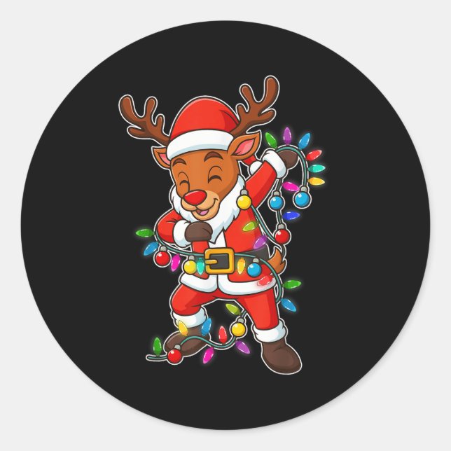 Christmas Reindeer Dabbing Lights Santa Xmas For M Classic Round Sticker (Front)