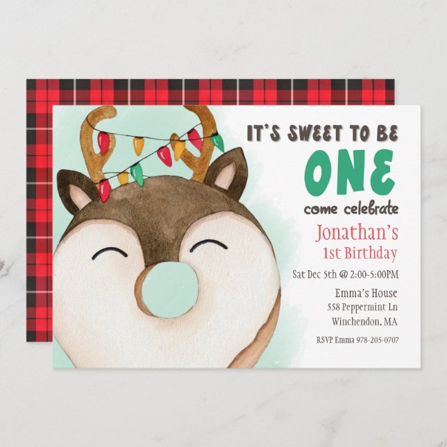 Christmas Reindeer Doughnut Birthday Party Invitat Invitation (Front/Back)