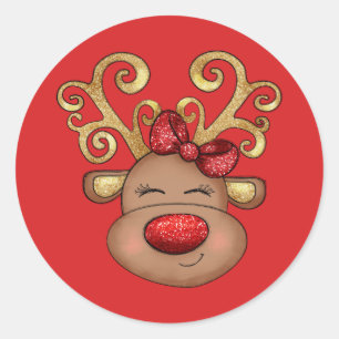 Christmas reindeer face cute red gold holiday  classic round sticker