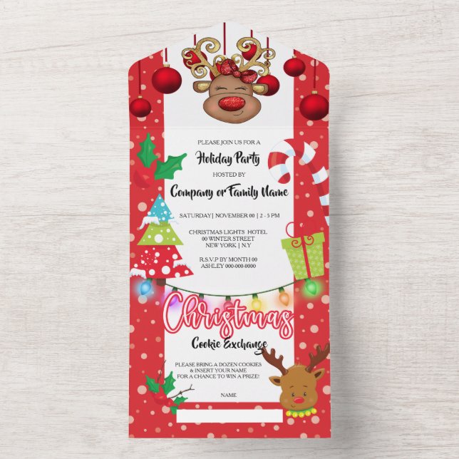 Christmas reindeer festive snow holiday party all in one invitation (Inside)