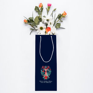 Christmas Reindeer Floral Blue Holiday  Wine Gift Bag