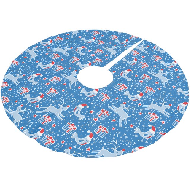 Christmas reindeer gifts and birds blue red skirt brushed polyester tree skirt (Angled)