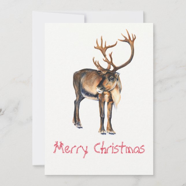 Christmas Reindeer Hand-Painted Caribou Watercolor Holiday Card (Front)
