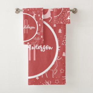 CHRISTMAS REINDEER & HOLIDAY CHEER CUSTOM MONOGRAM BATH TOWEL SET