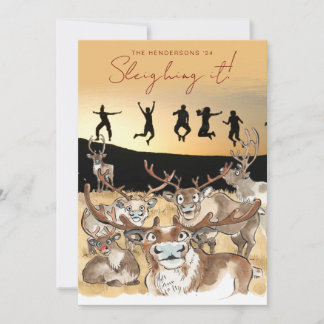 Christmas Reindeer holiday photocard golden yellow