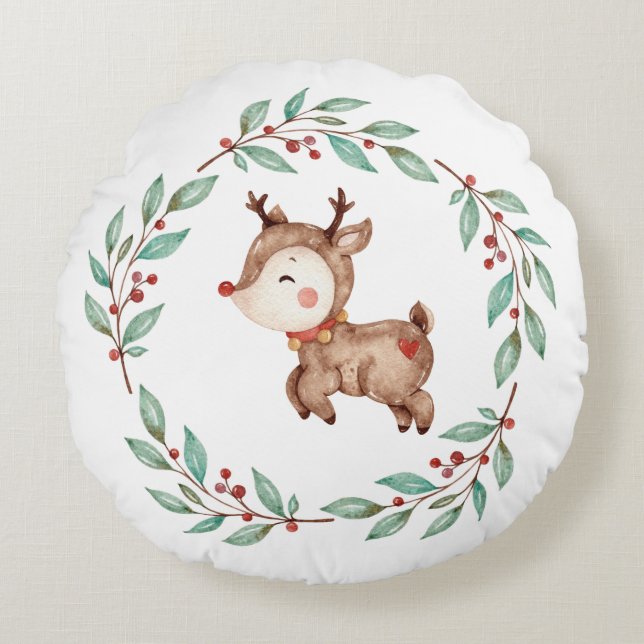 Christmas Reindeer Holiday Wreath Round Pillow (Front)