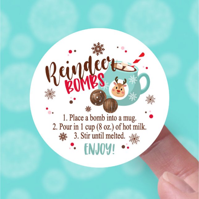 Christmas Reindeer Hot Cocoa Bomb Instructions (mockup of reindeer hot cocoa bomb serving instructions round sticker)