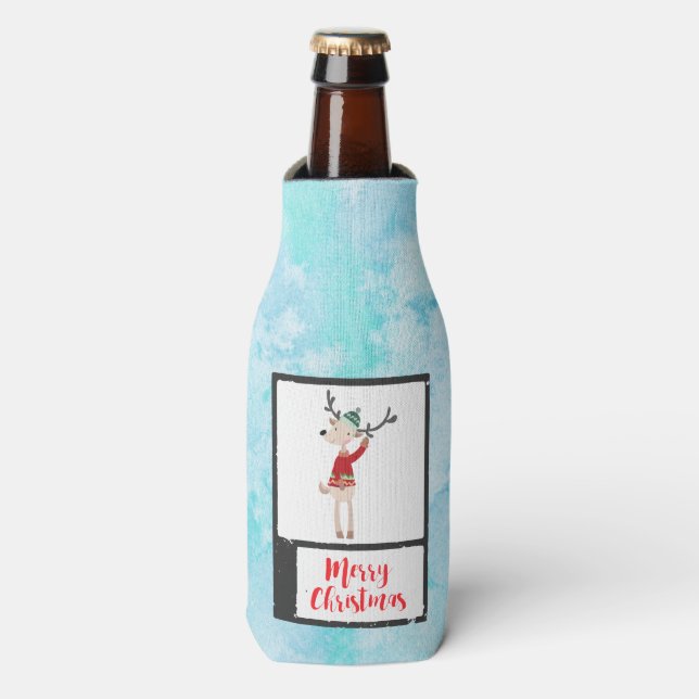 Christmas Reindeer In An Ugly Sweater Whimsical Bottle Cooler (Bottle Front)