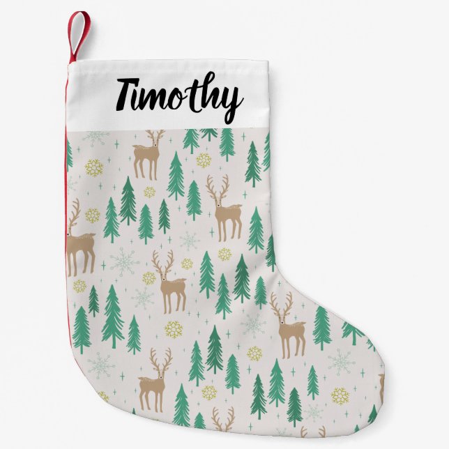 Christmas Reindeer in the Evergreen Winter Forest Small Christmas Stocking (Front)