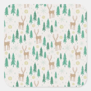 Christmas Reindeer in the Evergreen Winter Forest Square Sticker