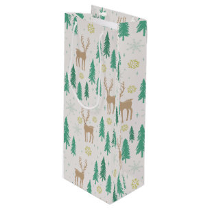 Christmas Reindeer in the Evergreen Winter Forest Wine Gift Bag