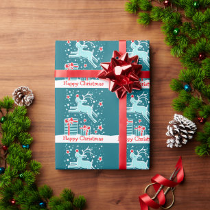 Christmas reindeer in the snow aqua holiday wrap wrapping paper