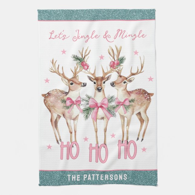 Christmas Reindeer Jingle & Mingle Personalized Kitchen Towel (Vertical)
