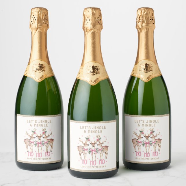 Christmas Reindeer Jingle & Mingle Personalized Sparkling Wine Label (Bottles)