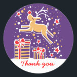 Christmas reindeer jumping thank you sticker<br><div class="desc">Say thanks this Christmas with this cute purple blue and red jumping reindeer thanks label. Ideal to seal christmas thank you gifts or cards with this sheet of Christmas thank you labels. Uniquely designed by Sarah Trett.</div>