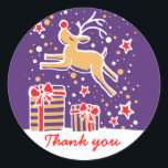 Christmas reindeer jumping thank you sticker<br><div class="desc">Say thanks this Christmas with this cute purple blue and red jumping reindeer thanks label. Ideal to seal christmas thank you gifts or cards with this sheet of Christmas thank you labels. Uniquely designed by Sarah Trett.</div>