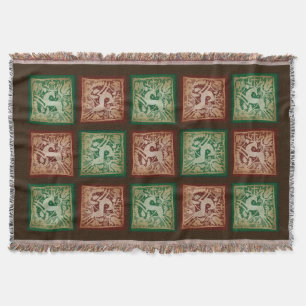 Christmas Reindeer Lace Patchwork Red Green Brown Throw Blanket