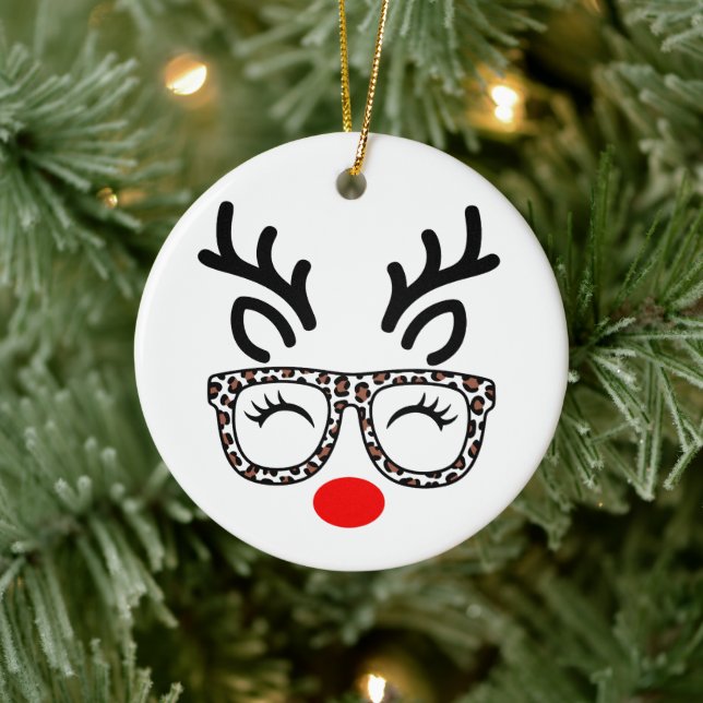 Christmas Reindeer Leopard Glasses Holiday Ceramic Ornament (Tree)