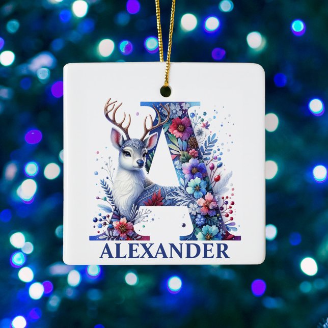 Christmas Reindeer Letter A Monogram Custom Name Ceramic Ornament (Creator Uploaded)