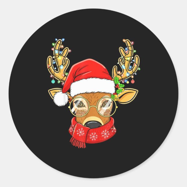 Christmas Reindeer Lights Gles Santa Hat Deer Xmas Classic Round Sticker (Front)