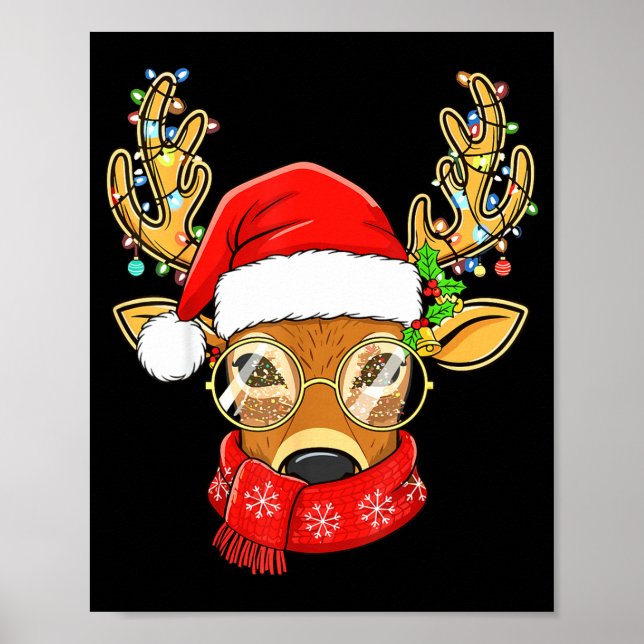 Christmas Reindeer Lights Gles Santa Hat Deer Xmas Poster (Front)