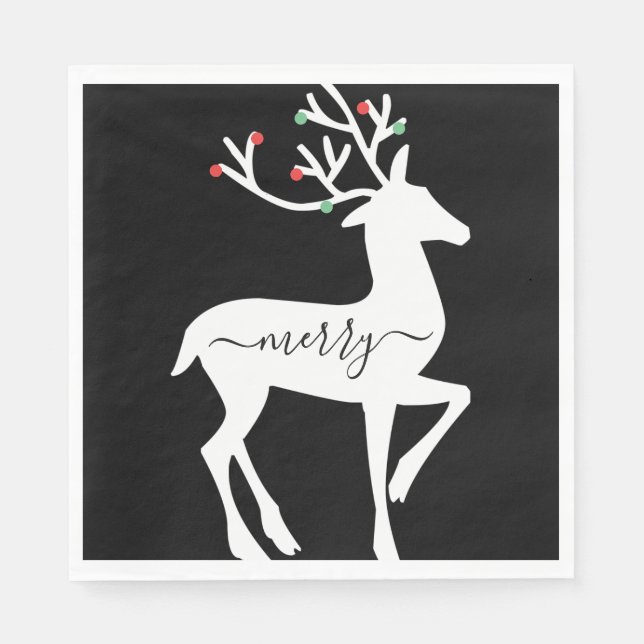Christmas Reindeer Merry Black Paper Napkin (Front)