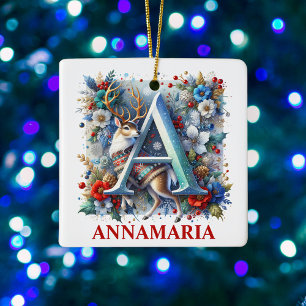 Christmas Reindeer Monogram A With Custom Name Ceramic Ornament