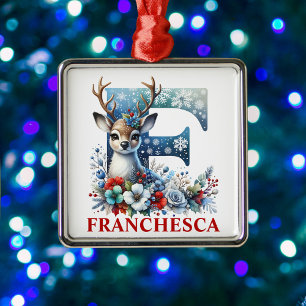 Christmas Reindeer Monogram Letter F Custom Name Metal Ornament
