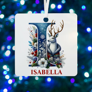 Christmas Reindeer Monogram Letter I Custom Name Metal Ornament