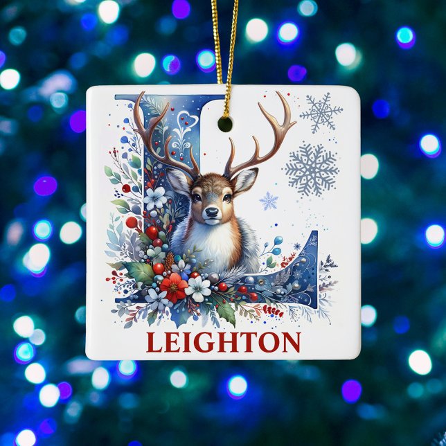 Christmas Reindeer Monogram Letter L Custom Name Ceramic Ornament (Creator Uploaded)