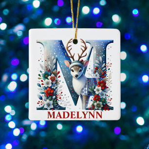 Christmas Reindeer Monogram Letter M Custom Name Ceramic Ornament
