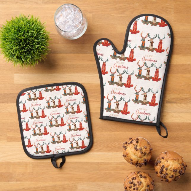 Christmas reindeer. Moose in yoga  Oven Mitt & Pot Holder Set (Top Down)
