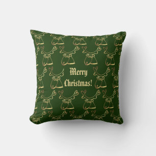 Christmas Reindeer One Side Red and One Green Throw Pillow