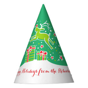 Christmas reindeer over gifts green personalized party hat