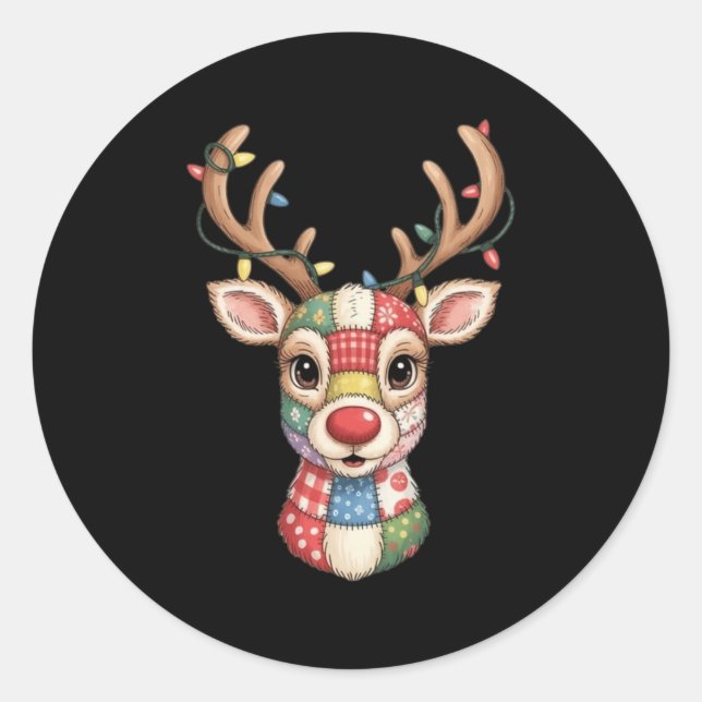 Christmas Reindeer Patchwork Men Women Kids Cute R Classic Round Sticker (Front)