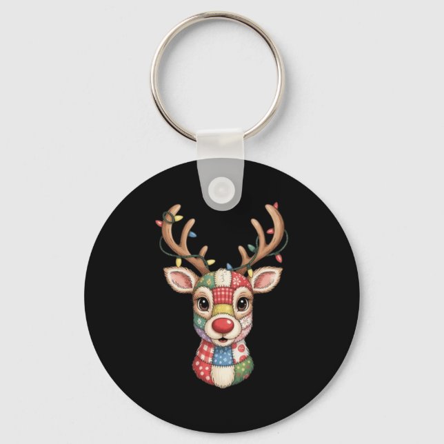 Christmas Reindeer Patchwork Men Women Kids Cute R Keychain (Front)